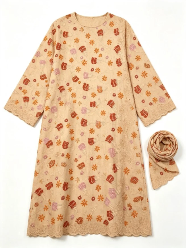 米色花卉 Boubou 长袍 绣花制版素材
