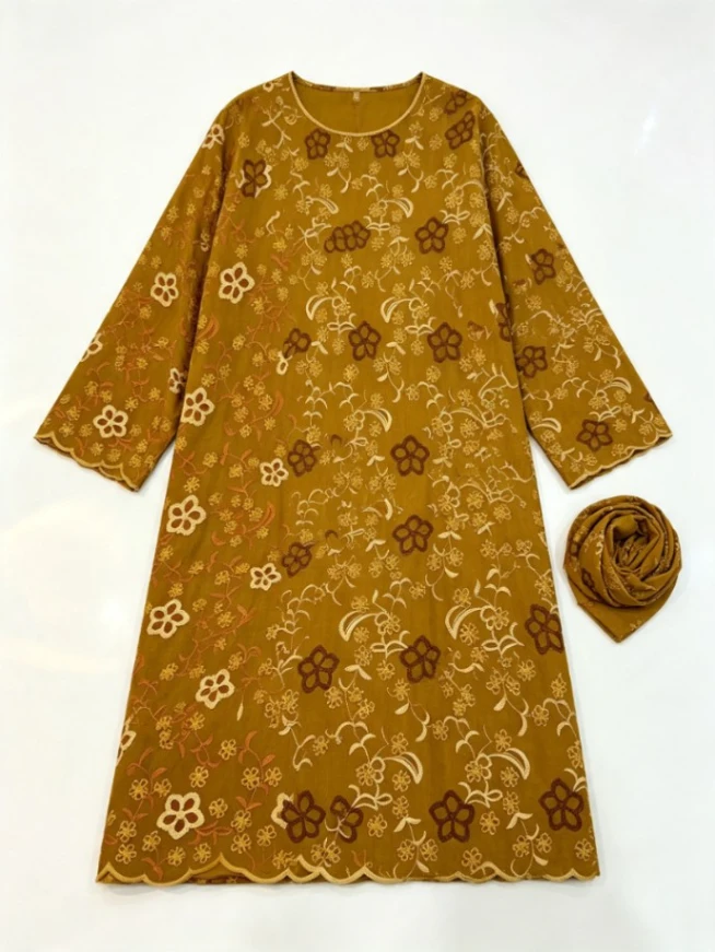 芥末黄棕纹花卉 Boubou 长袍 绣花制版素材