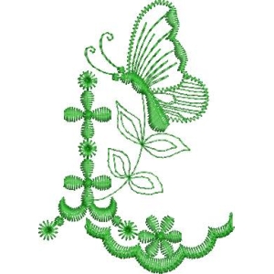 绿色刺绣蝴蝶与植物图案