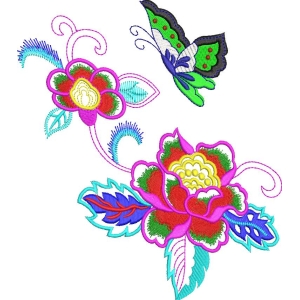 彩色刺绣花卉与蝴蝶图