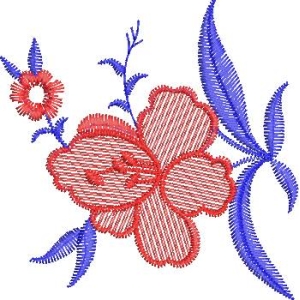 红色花朵与蓝色叶片刺绣图案