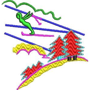 彩色滑雪者在山间滑行