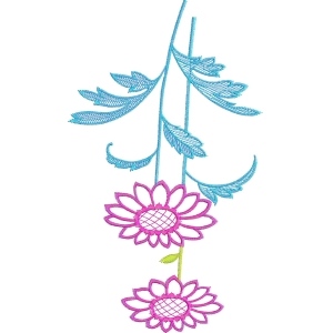 蓝色枝叶与粉色花朵刺绣图案