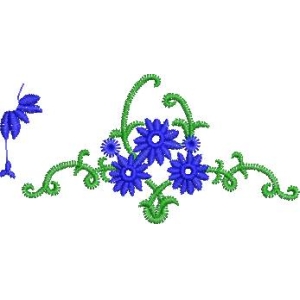 蓝色花朵与绿色藤蔓刺绣图案