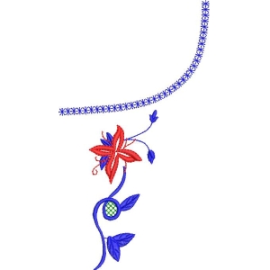 蓝色花边与红色花朵刺绣图案