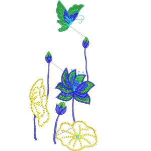 蓝绿蝴蝶与莲花刺绣图案