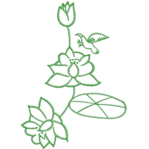 绿色刺绣荷花与小鸟图案