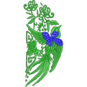 绿色鸟与花卉刺绣图案