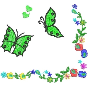 绿色蝴蝶与花卉刺绣图案