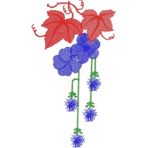 红色藤叶与蓝色花朵刺绣图案