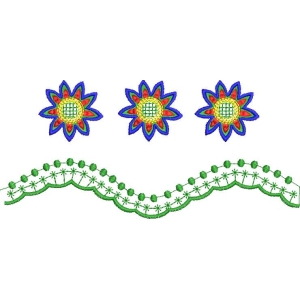 彩色刺绣花朵与绿色花边图案