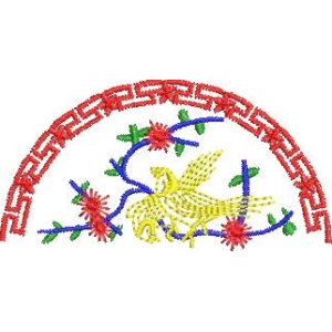 刺绣扇形花鸟图案