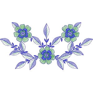 蓝色绿叶花卉刺绣图案