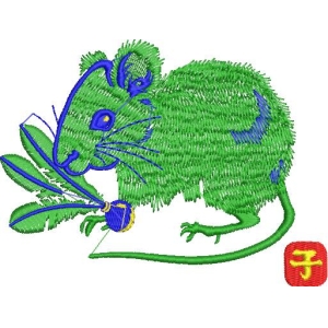 绿色老鼠手持植物刺绣图案