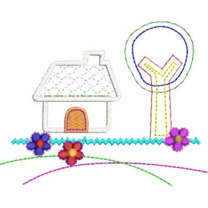 刺绣风格的乡村小屋与花朵