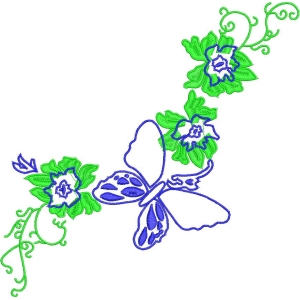 蓝绿蝴蝶花卉刺绣图案