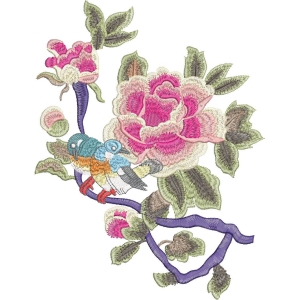 刺绣花卉与小鸟图案