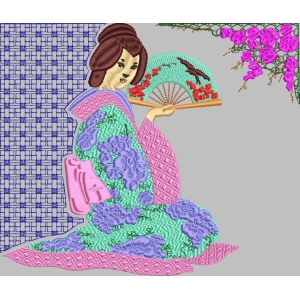 和服女子持扇赏花