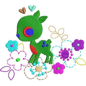 绿色小鹿与彩色花朵图案