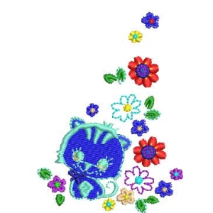 蓝色猫咪与彩色花朵刺绣图案