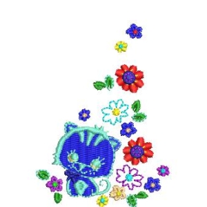 蓝色猫咪与彩色花朵图案