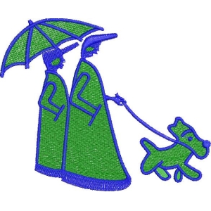 雨中遛狗的绿色身影